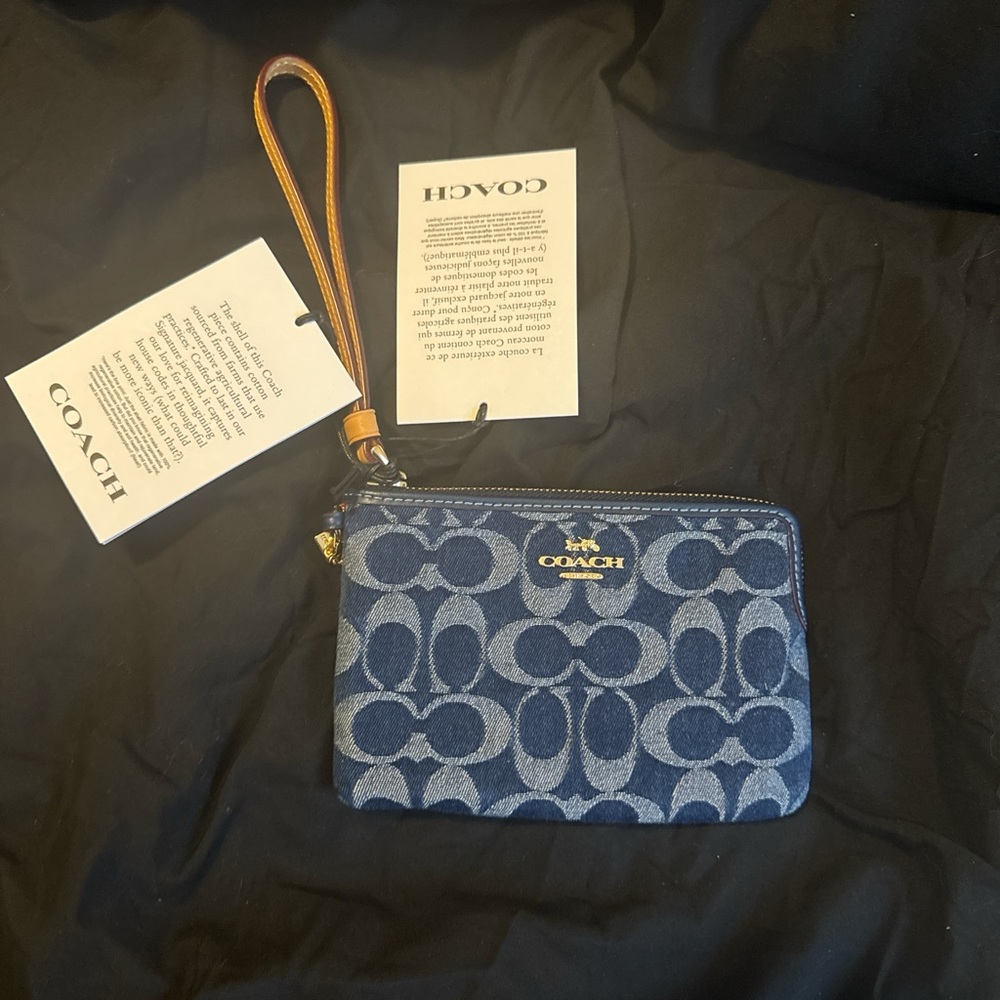Coach Denim Blue Wristlet with Tan Strap